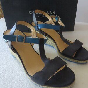 Cole Haan Womens Leather Two tone T-Strap Wedges Navy Blue Size 8.5